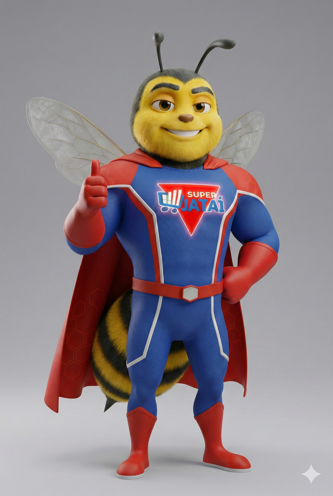Super Jataí, mascote do supermercado, apresentando a oferta
